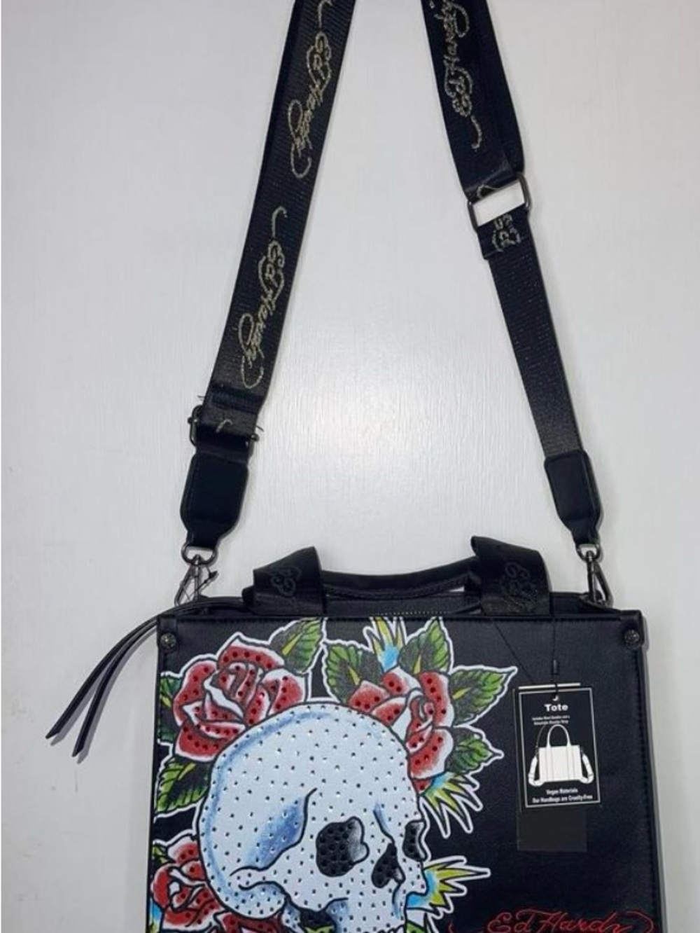 NWT Ed Hardy Black Tote with Skull and Red Rose Artwork